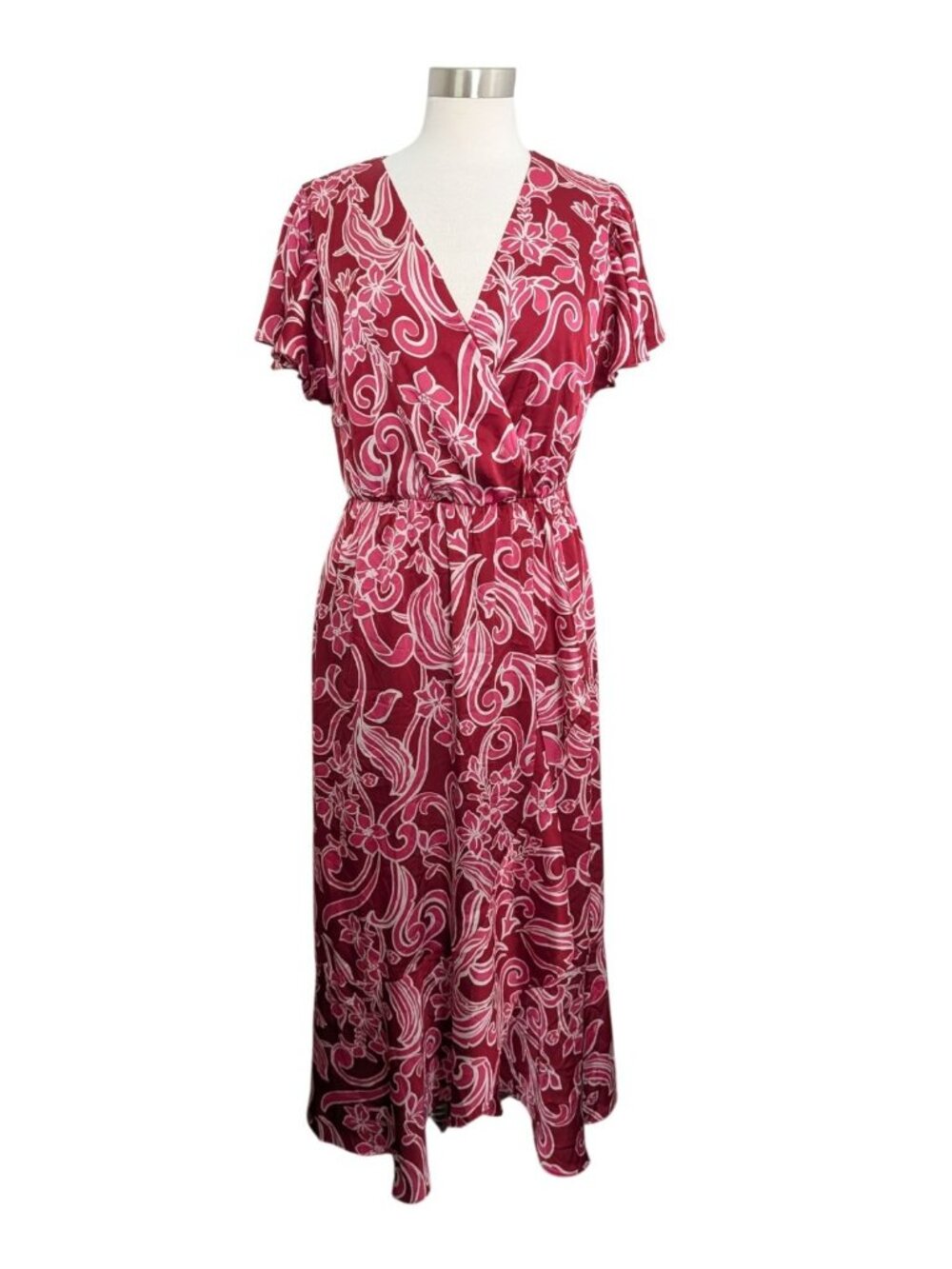 Nicole Miller New York Red Floral Wrap Midi Dress Size M Boho Cottage - Picture 3 of 16